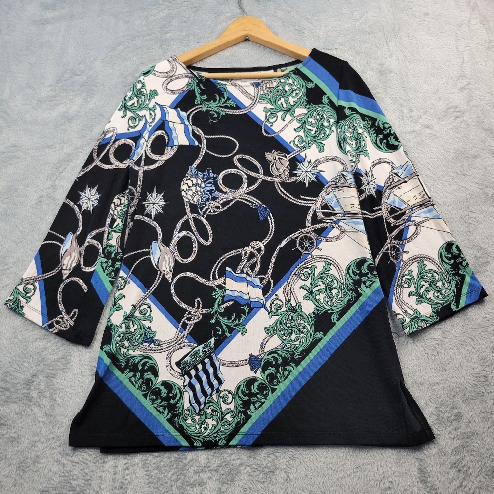 Chicos Travelers Womens Blouse Size 1 US Medium Stretch Knit Nautical